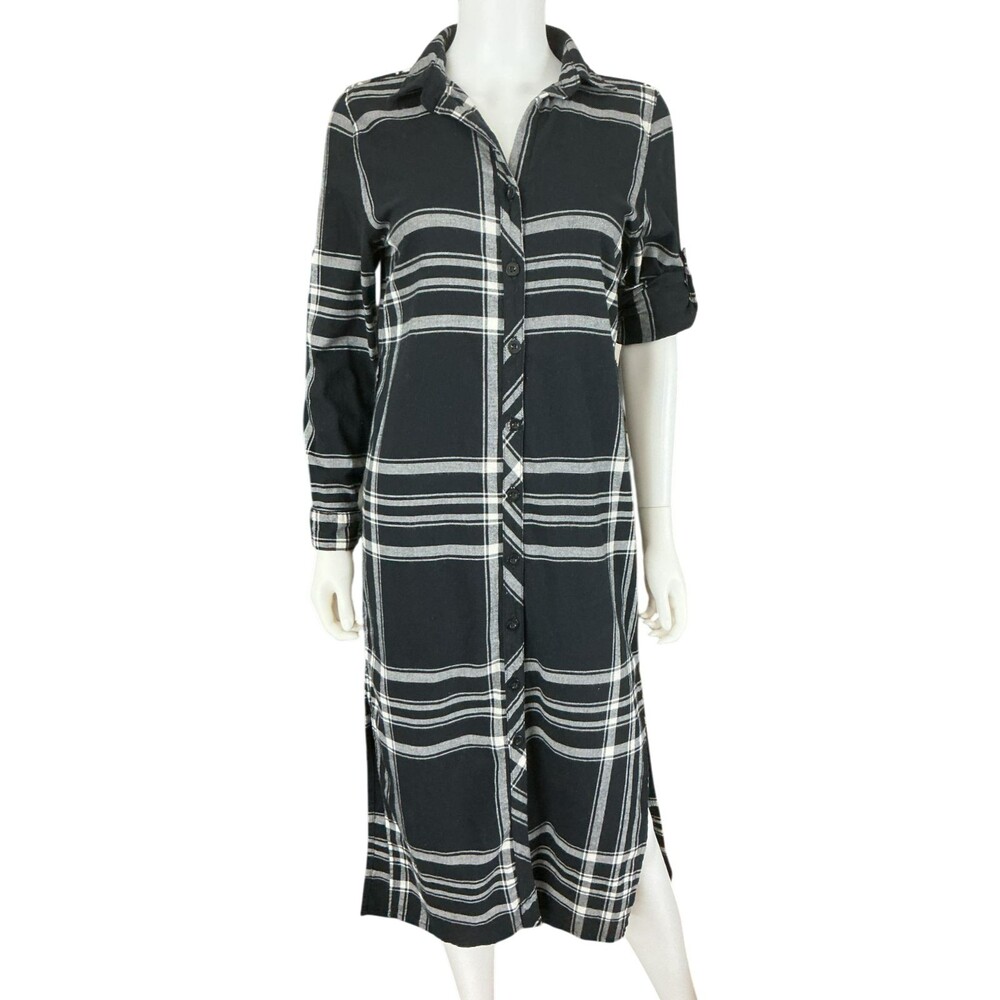 Vermont Flannel Co Shirt Dress XS Organic Plaid Roll Tab Sleeve Side Slits Soft